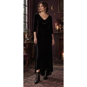 Isabella Bird Black Velvet Hi Low Maxi Dress M Cowl Neck Whimsigoth Witchy